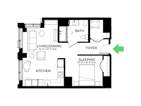Floor plan for studio, 1 bath, 657 sqft